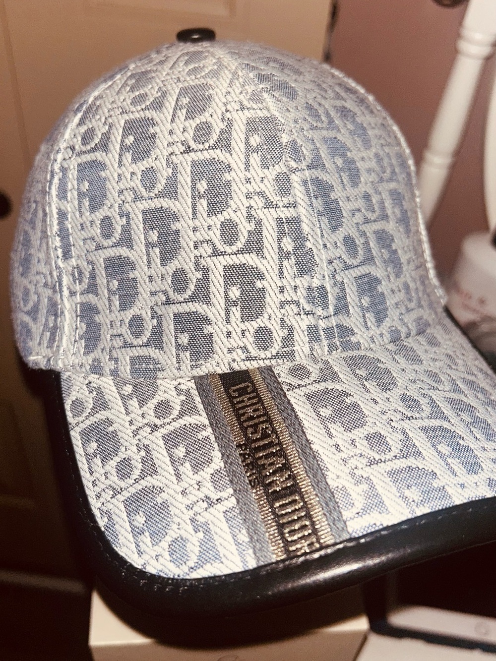 Dior Light Blue Monogram Baseball Cap with Branded Ribbon